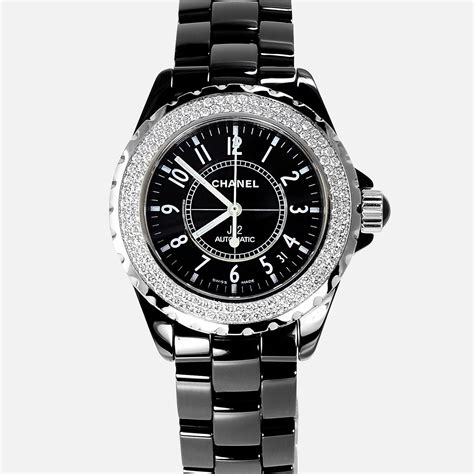 black ceramic chanel j12 watch with a diamond bezel|authentic Chanel j12 watch.